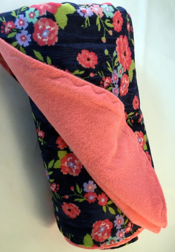 Navy and Coral Floral Swaddle BlanketDouble Sided Flannel