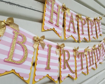 Stripe Pink and Gold Birthday Banner, Pink and Gold Birthday Banner, Pink and Gold First Birthday, Pink and Gold Birthday Party,