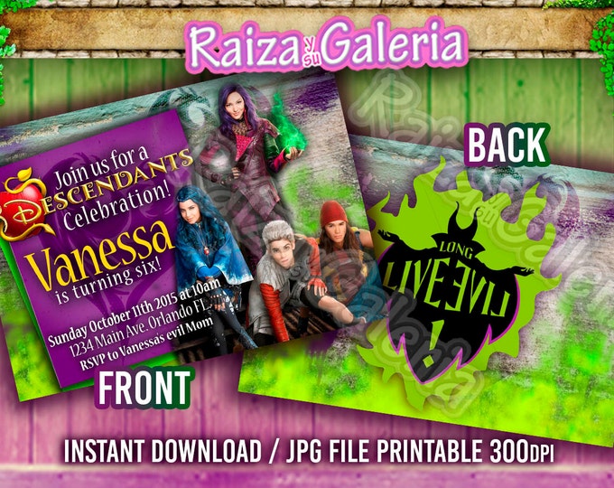 Birthday Invitation Disney Descendants - Fron and Back Design - We deliver your order in record time!, less than 4 hour! BEST VALUE
