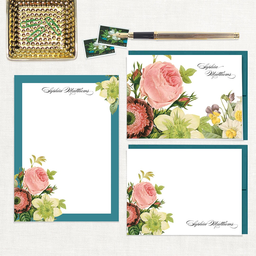 complete personalized stationery set - FLOWER BOUQUET - note cards - notepad - stationary - botanical - floral - flower - pink rose