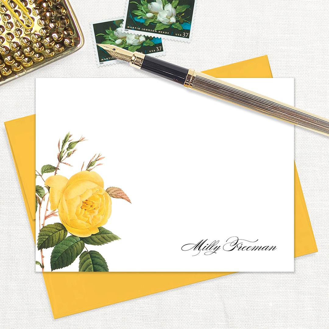 personalized flat note cards - YELLOW ROSE - set of 12 cards - stationery - stationary - botanical - floral - flower - gold envelopes