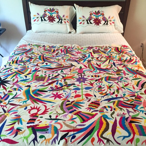 Bedspread hand embroidered by the Otomi by UniqueMexicanDesign