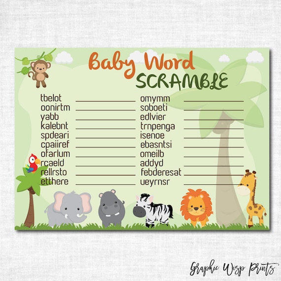 Safari Baby Shower Word Scramble Printable by GraphicWispPrints