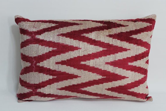 Red Chevron Velvet Ikat Pillow Cover - 14.5'' x 22'' Ikat Pillows Decorative Pillow  Zigzag Pillow Red Chevron Couch Pillows Sofa  Pillows