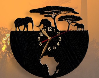 BLACK Wall clock, Africa, Elephant, Wild Nature Wooden Clock 12inch(30cm), Modern, Wall Art Decor, Animals, Travel, Traveling, Black clock