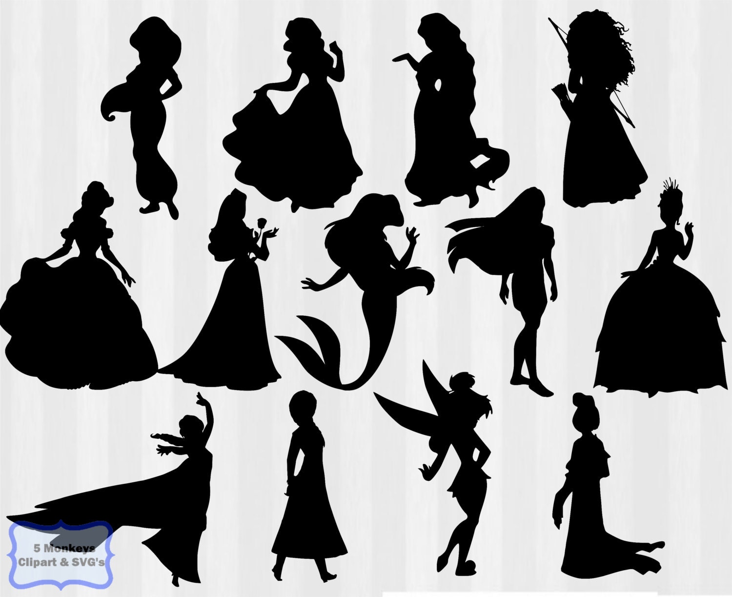 Disney Princess Silhouettes svg file by SuperSVGandClipart on Etsy