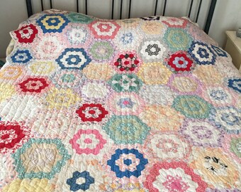 Antique Quilt, Grandmother's Flower Garden, Farmhouse Decor, Bedding, Country Quilt, Homemade Quilt, Multi-Colored Quilt, Farmhouse Decor