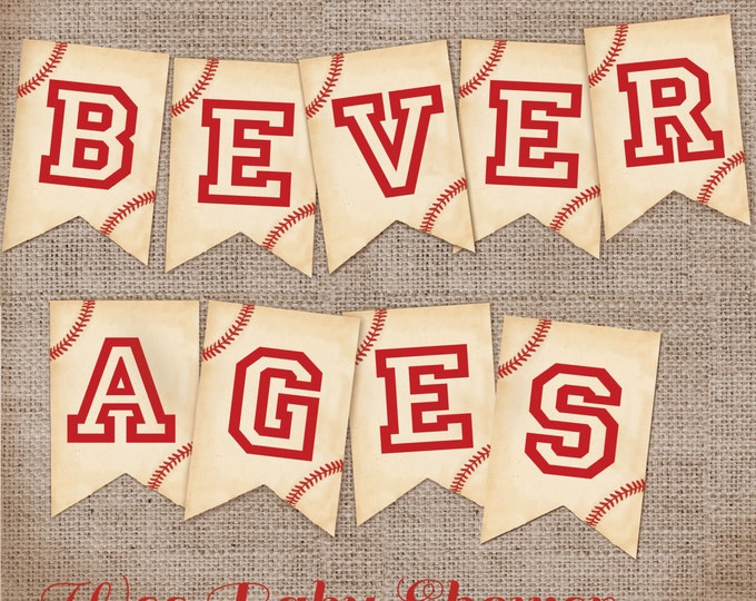 Baseball Baby Shower Beverages Banner, Vintage Baseball Banner