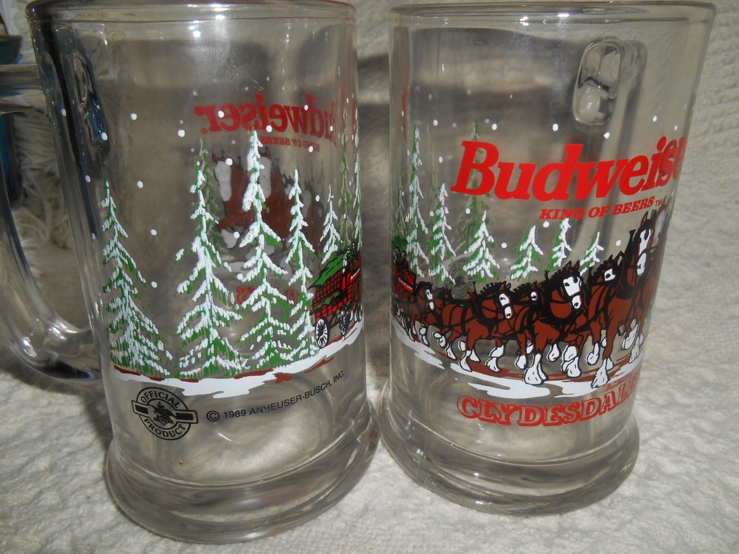 2 Vintage Budweiser 1989 Clear Glass Beer Mug Clydesdale