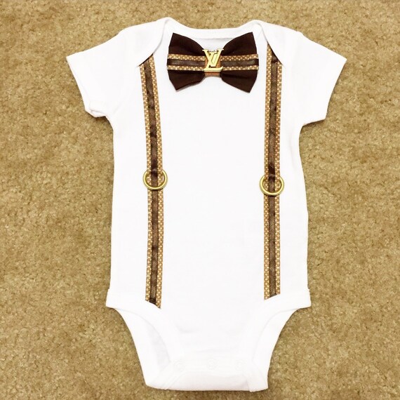 Louis vuitton inspired baby boy onesie with bow tie and