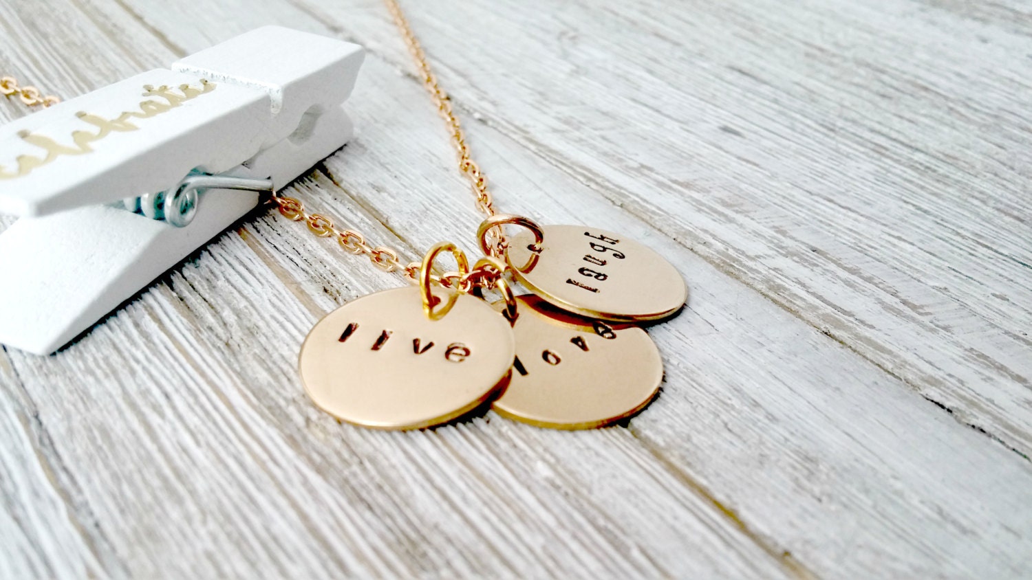 Hand Stamped, Live Love Laugh Necklace, Gold