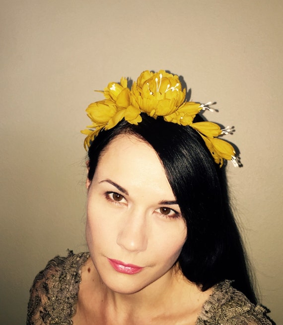Mustard yellow silk flower headband wedding floral by Zisseylove