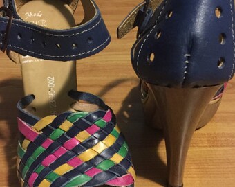 Custom woven leather high heels shoes