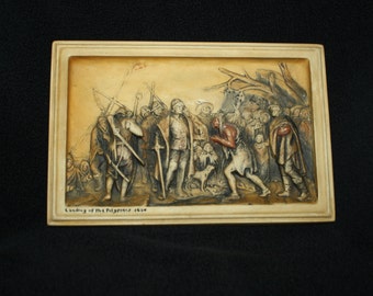 Great Gift for Your Collector, Vintage Plaster Plaque, Osborne Ivorex "Landing of the Pilgrims 1620"