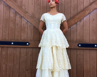 Rustic Country Yellow Tiered Lace Cap Sleeve Wedding Dress