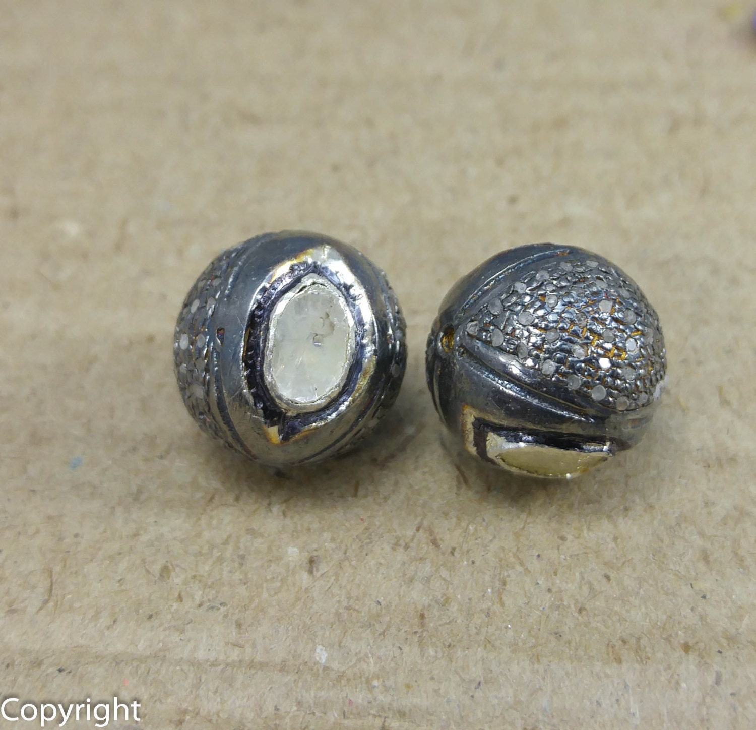Pave Diamond Ball Beads 13mm Oxidised Black spacer Bead 925