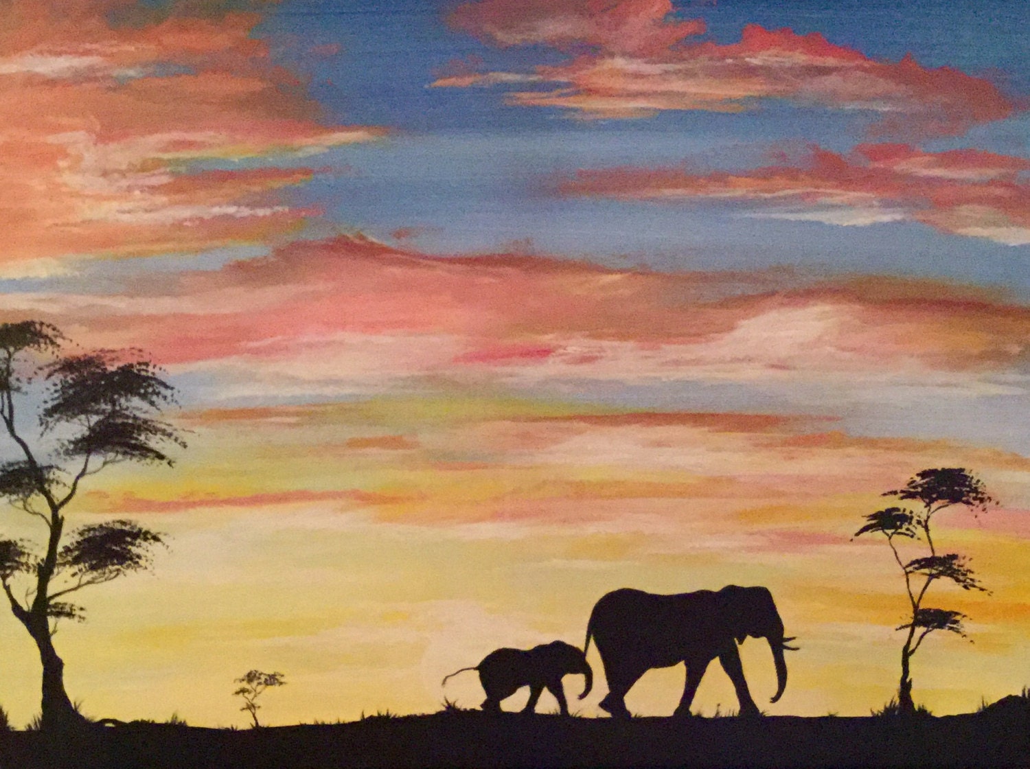 Elephant Painting African Plains Sunset Silhouette Africa