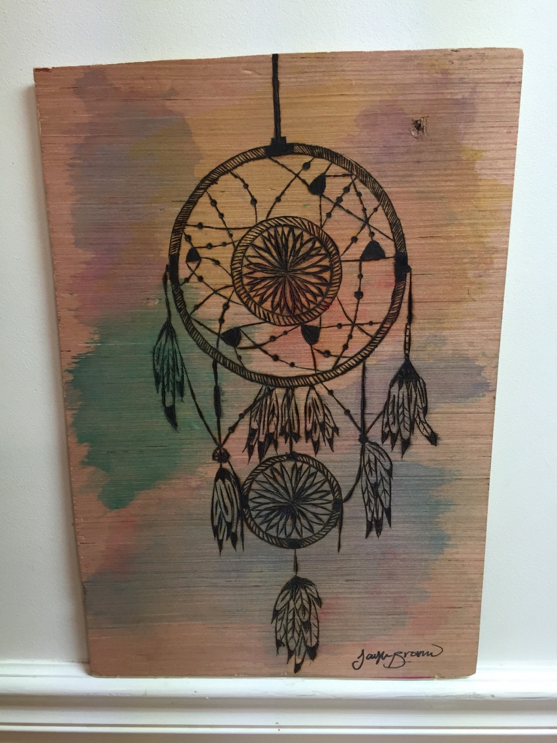 Dream Catcher Wood burning and Watercolor on 12x17 by
