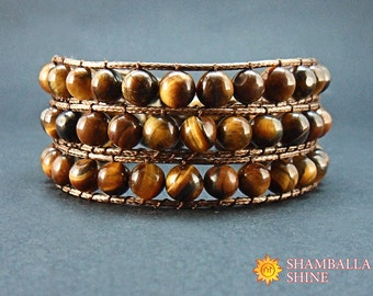 Unisex wrap bracelet Tiger eye gemstone bracelet Boho brown bracelet Gemstone beads jewelry Healing stone amulet Gift idea for him For her
