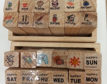 Korean Mini Daily Use Planner Wood 12pcs Stamp set A/B perfect for traveler's, weekly planner, erin condren, kikki k