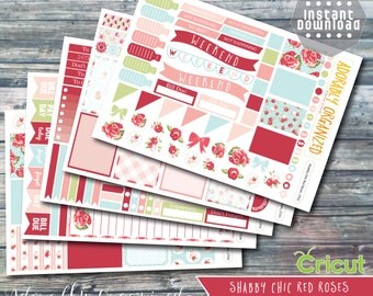 Shabby Chic Red Roses,Printable PLANNER STICKERS,Planner Sticker Kit,Erin Condren Planner Stickers,png,printable,stickers,CRICUT,cut files