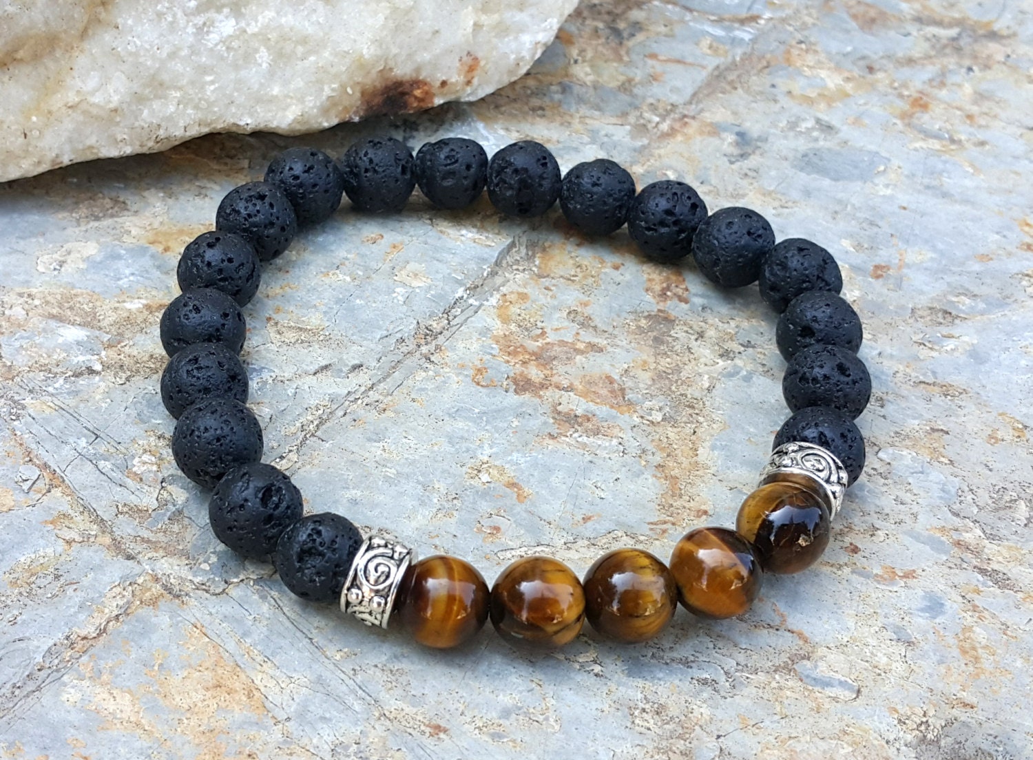 Mens Bracelet Lava Stone and Tiger Eye Bracelet Gifts for Him