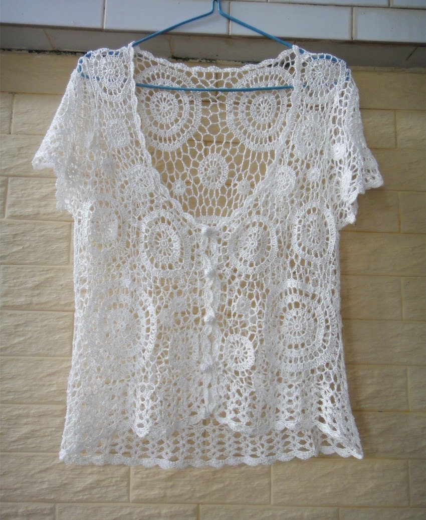 Button Down White Crochet Cardigan Short Sleeve