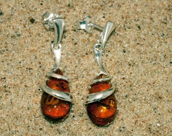 Baltic amber earrings. Sterling silver and cognac amber earrings.
