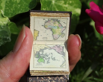 Miniature 12th scale atlas: Handmade leather miniature book of antique maps and cartography, a dollhouse miniature or gift for travelers