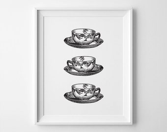 Tea Cup Print, Tea Cup Set Art, Tea Set Vintage, Tea Prints, Tea Printables, Tea Cup Printable, Living Room Wall Decor