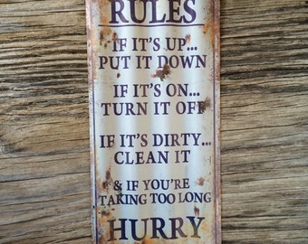 Vintage style corrugated tin metal sign // gift for her Mother's Day // shabby chic rustic nostalgic wall art // bathroom rules decor