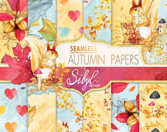 60% OFF SALE, Fall Digital Paper, Fall Watercolor Paper, Watercolor Autumn Seamless Pattern, Hand Painted Paper, Fall Seamless Paper
