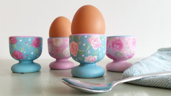 Original hand painted 'Vintage rose' wooden egg cups - made to order in any colour scheme set of 2 or 4 - Easter gift