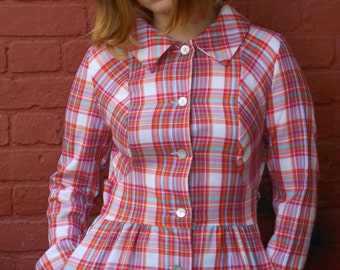 fab vintage 60s 70s french checked pompadour maxi dress