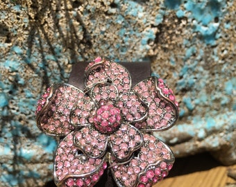 Vintage Pretty In Pink Rhinestone Brooch Cuff Bracelet, Leather Cuff Bracelets for Women, Jeweled Leather Cuff, Free Shipping