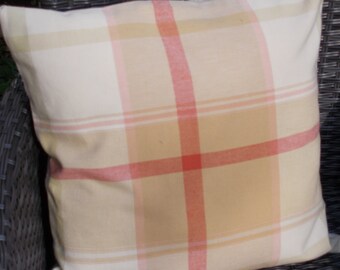 Check, red/green/beige cushion cover for 45cm pad. Laura Ashley fabric front. Beige linen look back, envelope closure