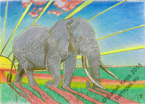 Items similar to Original elephant drawing color pencil 