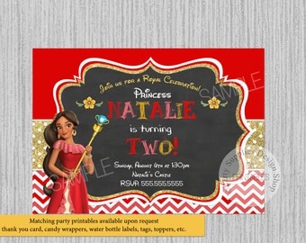 PRINTED or Digital Chalkboard Princess Elena of Avalor Birthday Invitations, Elena of Avalor Party Supplies, Princess Elena Chevron Glitter