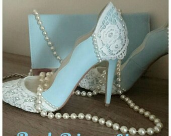 Sky blue pearl & lace wedding shoes