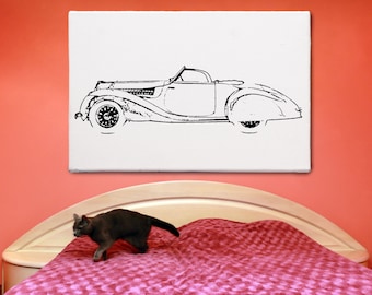 Delahaye 135 MS Cabriolet: Minimalism painting, extra large wall art, black and white modern acrylic painting, wall art decor, 25”x36”+