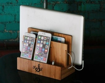 Customized Bamboo Multi Charging Station | Eco-Friendly | Organizes Tech and Cords | Dock | Charges Phone, Tablet, Laptop