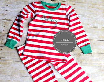 Personalized Christmas Pajamas-Red and White Striped Christmas pjs PRE ORDER