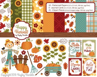 Fall Digital Scrapbook Set - Happy Harvest, Printable Scrapbook Paper, Fall Clipart, Sunflower, Scarecrow, wagon, Autumn Pattern, Commercial