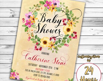 Floral Baby Shower Invitation, Summer Baby Shower Invitation, Girl Baby Shower Invitation, Rustic Baby Shower, Watercolor Flower, Printable