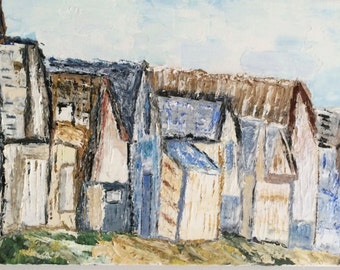 Houses by the sea. Original painting. Oil painting. Stretched canvas ready to hang.