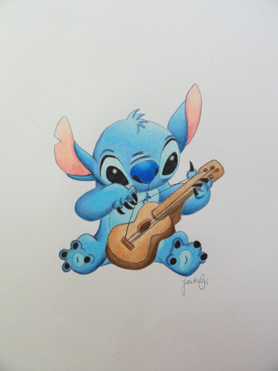 5x7 Original Stitch Ukulele Drawing on 8x11 by DisneyDaydreamer808