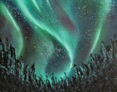Oil Painting Original Landscape , Aurora Borealis/Northern Lights Forest, 14x8n, Oil on Canvas by Irish artist