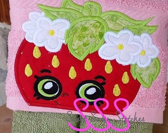 Embroidery Applique Strawberry Hooded Towel Topper Machine Design, Applique Strawberry Kiss Bib Topper Berry Girl Shopkins Inspired