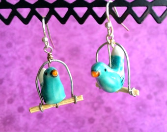 Ceramic Birds on Wooden Swings Earrings