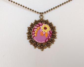 Polymer clay Floral Necklace Embroidery Pendant Hand sculpted jewelry Gift for mom botanical jewelry